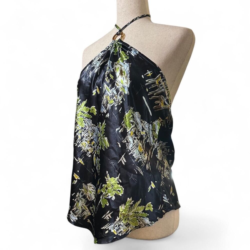 Old Navy Navy and Green Vacation Botanical Print Ring Halter Top Silk-Feel Tank